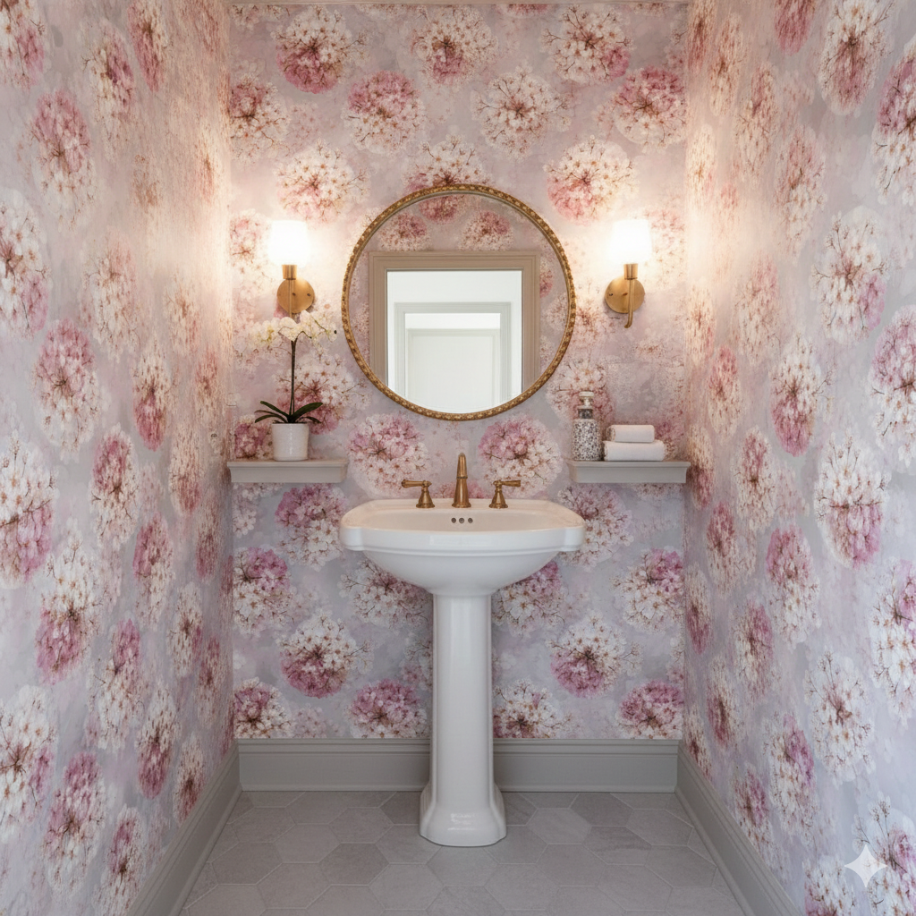 Sakura Lantern Bloom wallpaper with floral pattern on the walls in a small powder room.
