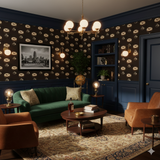 Espresso martini wallpaper with cocktail glass print by Brewster Home Fashions, covering the walls of a classically styled living room.