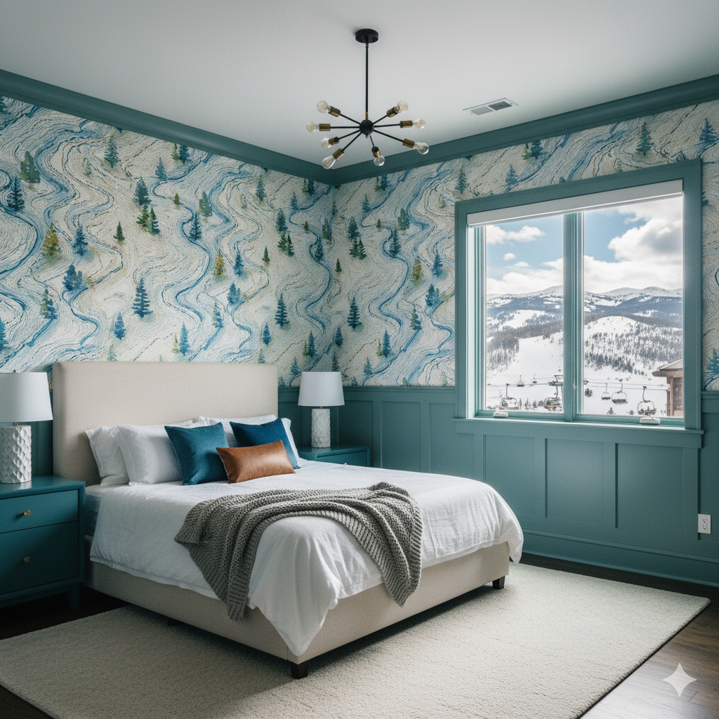 Powder Map Wallpaper featuring a blue and white ski trail pattern with stylized evergreen trees.
