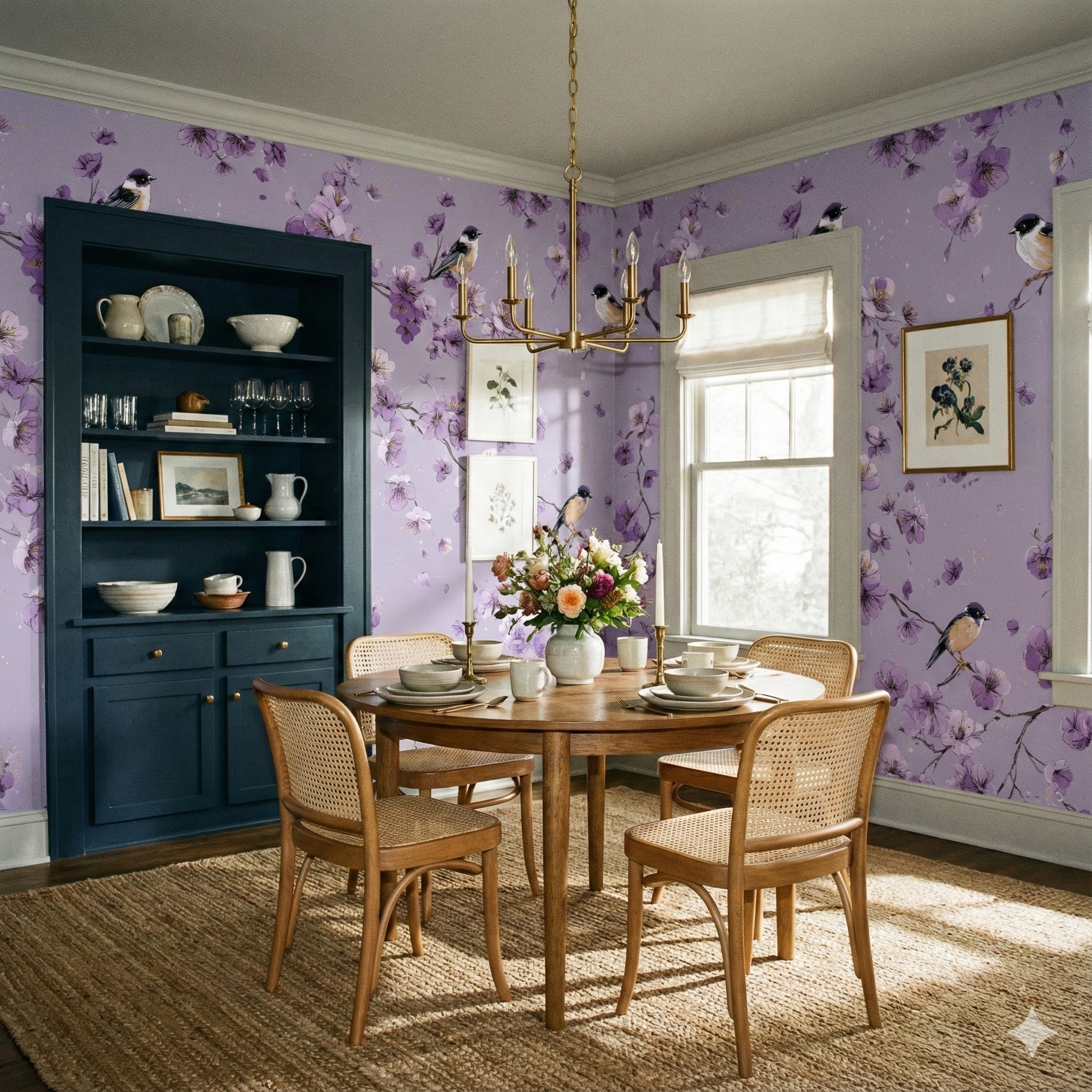 Violet orchard drift wallpaper with floral and bird pattern, displayed in a styled dining room.
