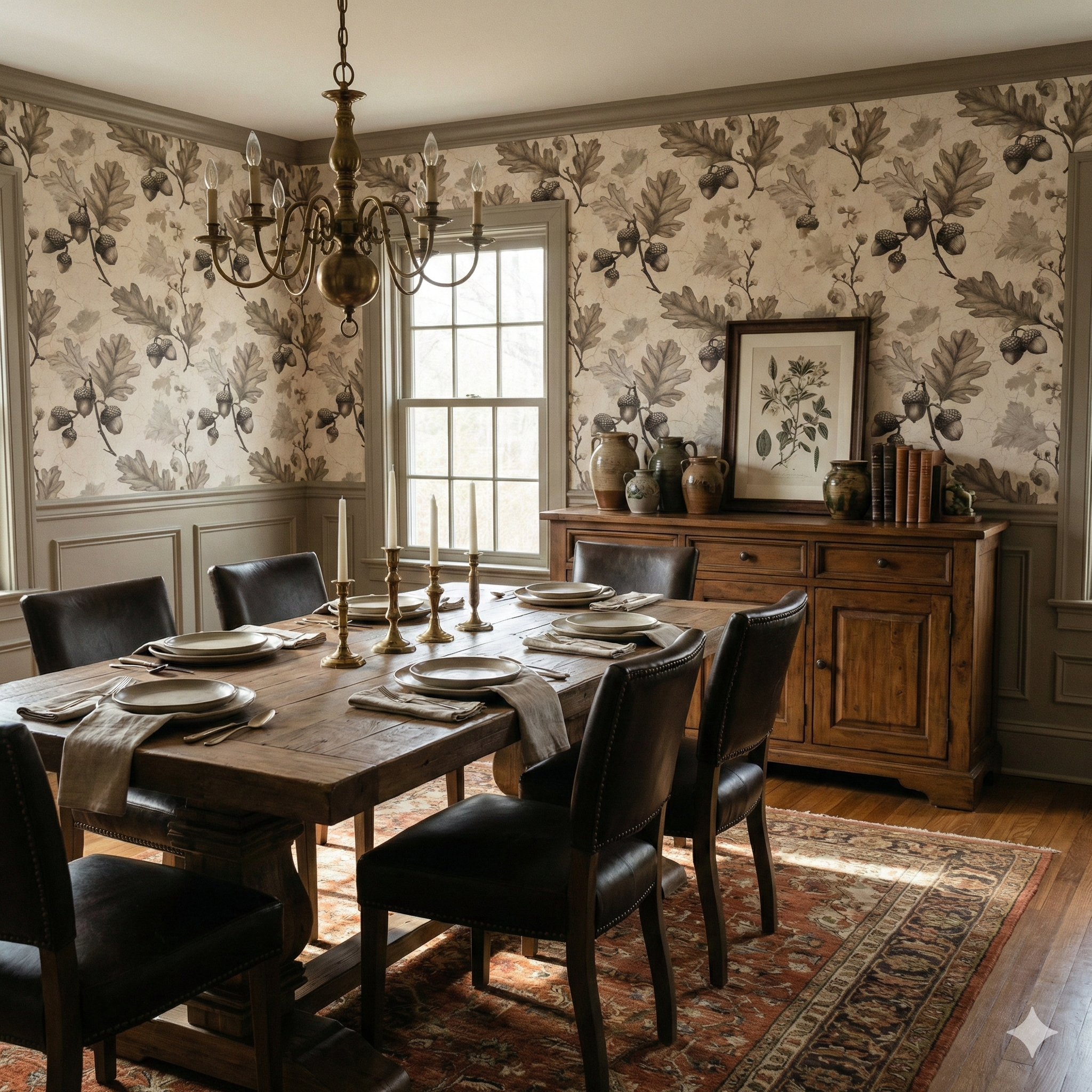 Field Ledger wallpaper with acorn pattern, covering dining room walls.
