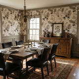 Field Ledger wallpaper with acorn pattern, covering dining room walls.