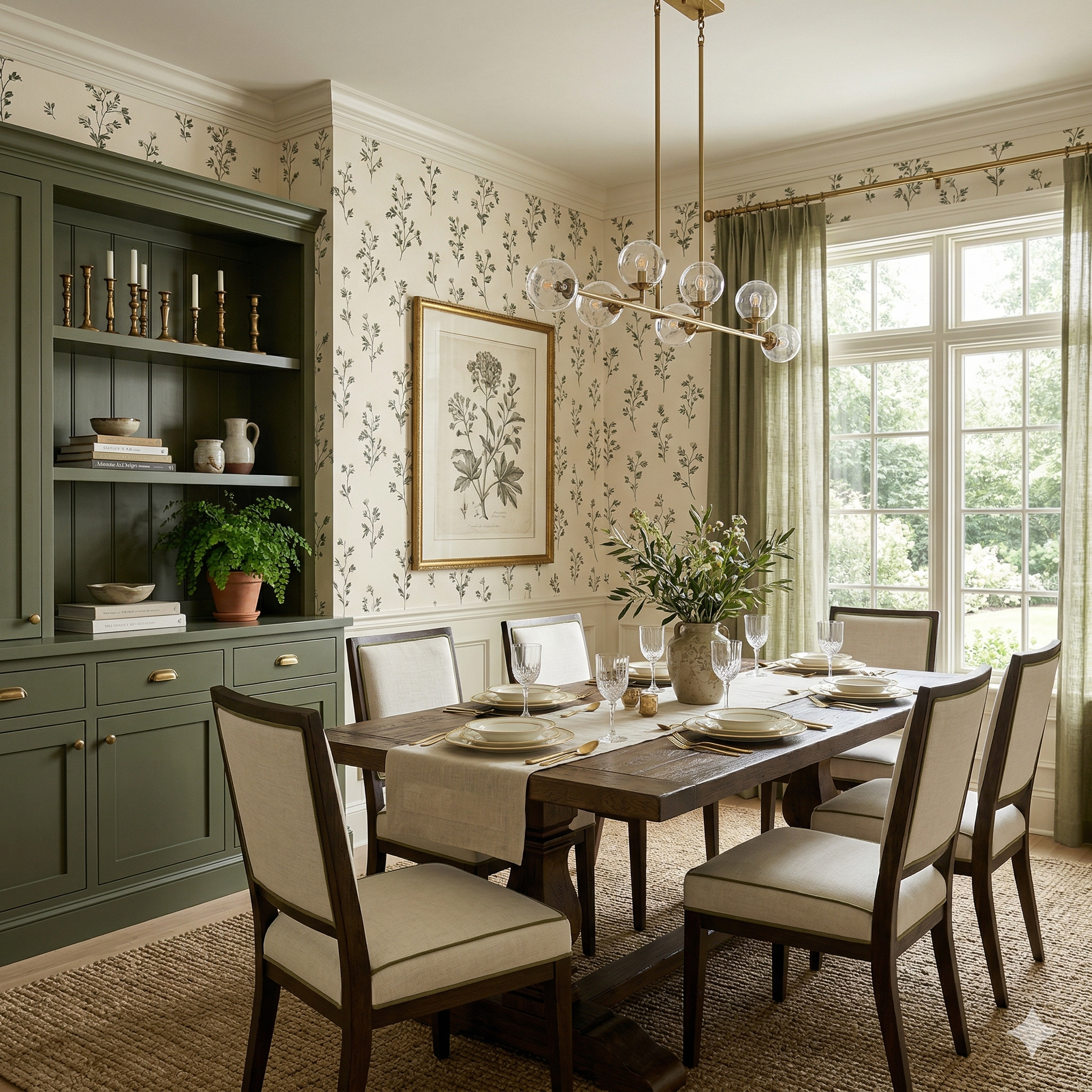 Floral patterned wallpaper with green botanical design, covering the walls in a dining room setting.