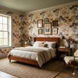 Solera Meadowveil wallpaper with a floral pattern, in earth tones, on a bedroom wall.