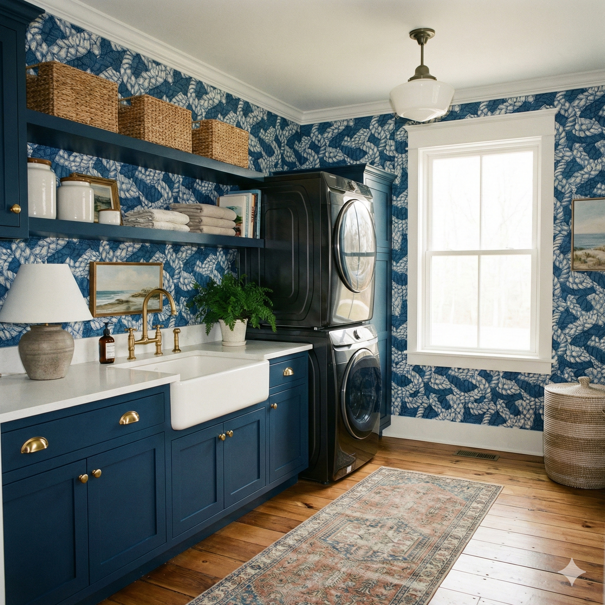 Blue and white Saddle Rope Study Wallpaper with a nautical rope pattern on the walls.