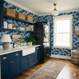 Blue and white Saddle Rope Study Wallpaper with a nautical rope pattern on the walls.