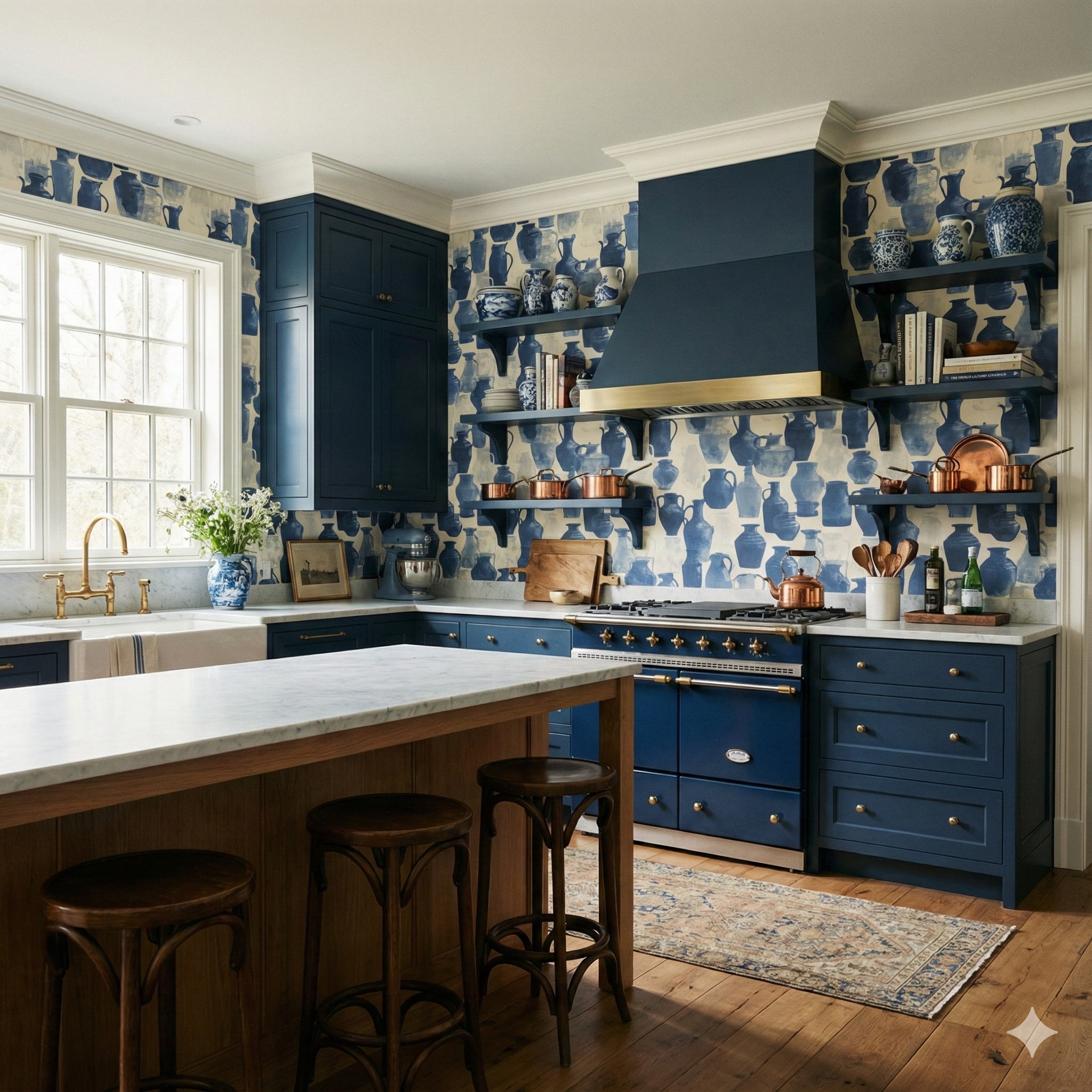 Indigo Kilnware Wallpaper with a pattern of assorted vases in a kitchen setting.