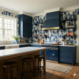 Indigo Kilnware Wallpaper with a pattern of assorted vases in a kitchen setting.