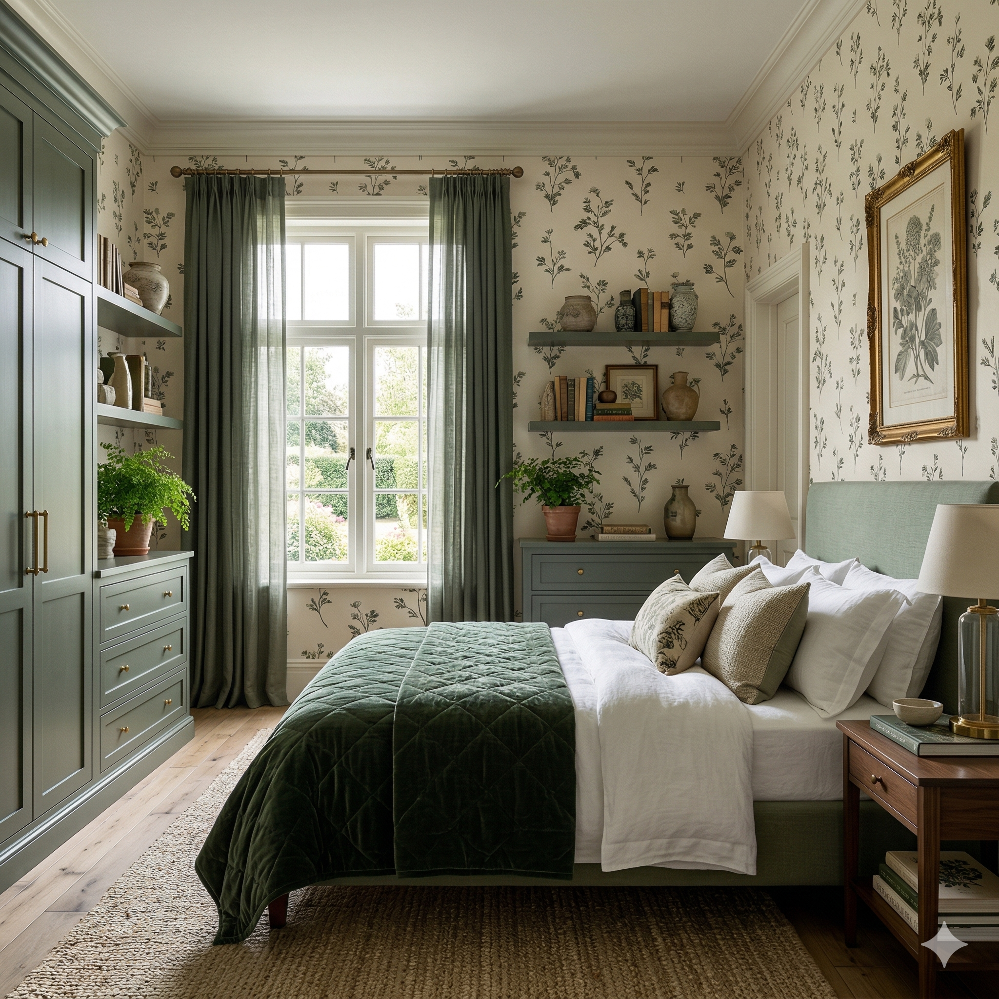 Floral wallpaper pattern on a bedroom wall with green and white floral sprig print.