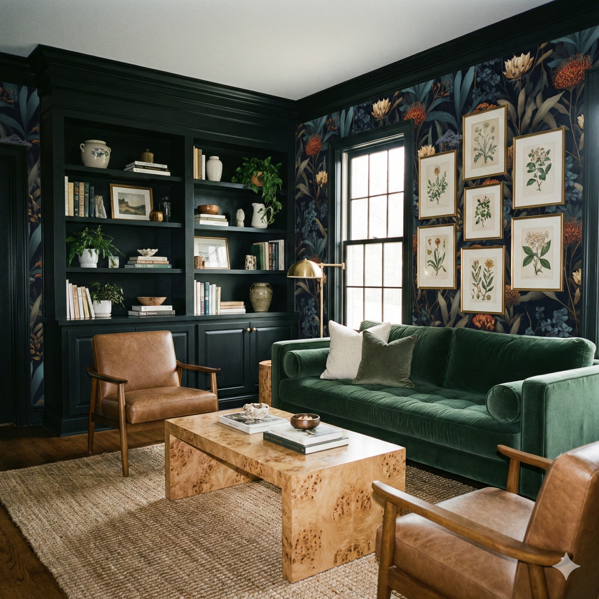 Ashroot Garden Wallpaper with floral pattern on a dark blue background.