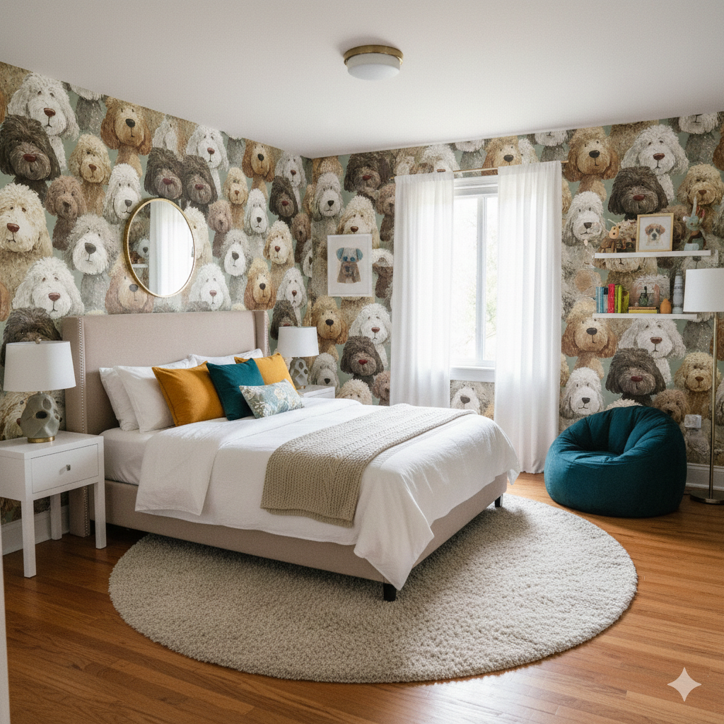 Patterned wallpaper with dog designs from Honeywell Row, covering the bedroom wall behind a bed.