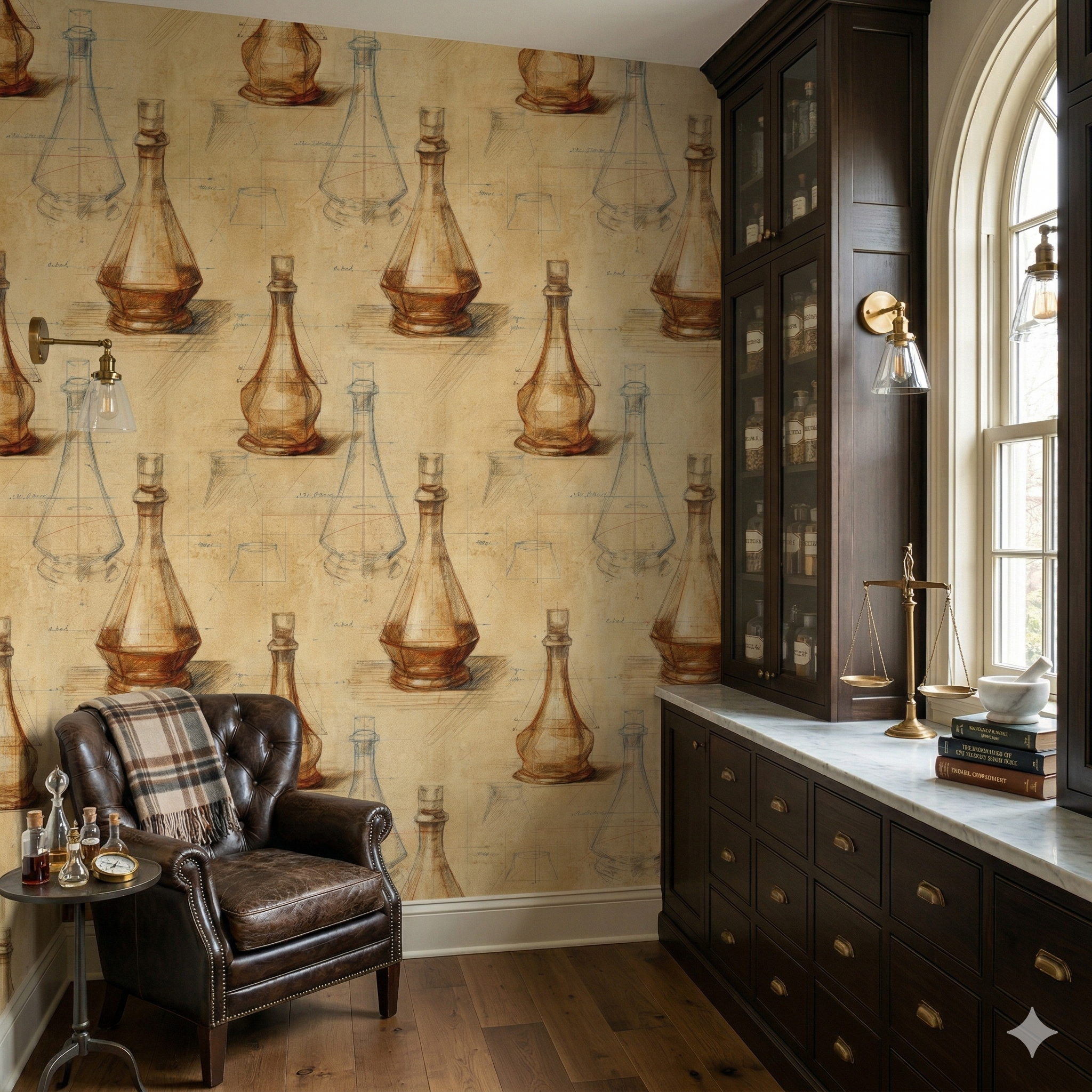 Decanter Study Wallpaper featuring sketches of decanters on a sepia-toned background.
