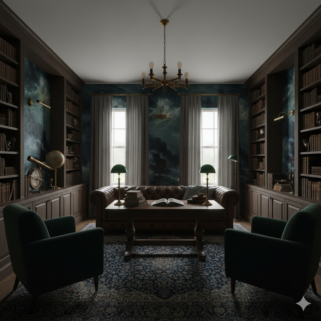 Scenic tempest ridge wallpaper with cloud and mountain design, displayed in a traditional library setting.