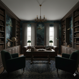 Scenic tempest ridge wallpaper with cloud and mountain design, displayed in a traditional library setting.