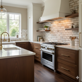 Limestone Lane wallpaper with a brick pattern, white and gray tones, and a textured finish.
