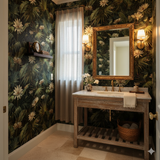 Botanical wallpaper with a dark green floral pattern featuring white lotus flowers.
