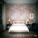 Floral wallpaper featuring pink cherry blossom branches with a gray background.