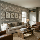 Floral Magnolia Vale Horizon Wallpaper with nature scene from Magnolia Vale against gray walls in a living room.
