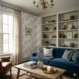 Floral script wallpaper with lilac botanical pattern on white background.