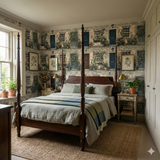 Westhaven Mewsfront Wallpaper with a brick facade and climbing plants, styled in a bedroom.