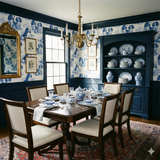 Kingsley Spaniel Wallpaper featuring dog pattern and blue toile effect on a dining room wall.