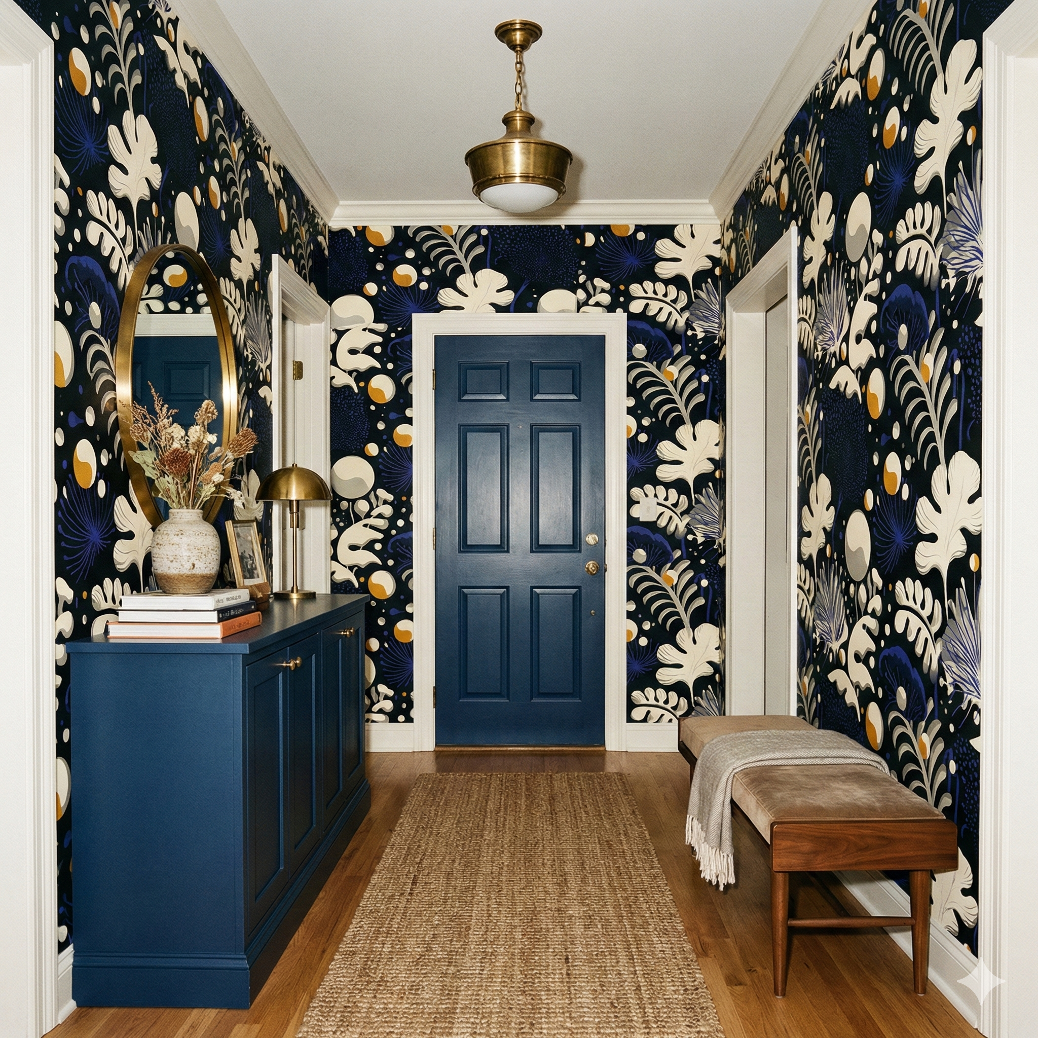 Floral wallpaper with blues and yellows, patterned with stylized botanical motifs.
