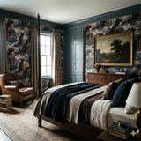 Highvale Keeper Wallpaper with dog and mountain pattern, covering walls and coordinated with built-in cabinets.