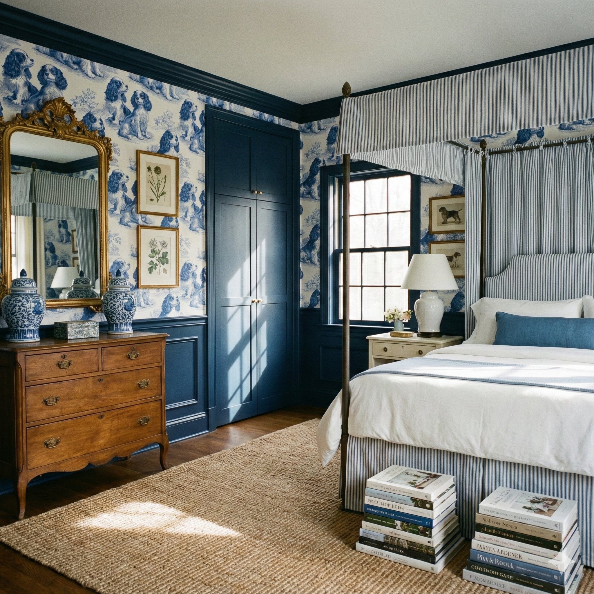 Kingsley Spaniel Wallpaper with a dog pattern, decorating a bedroom with navy blue trim and a brown woven rug.