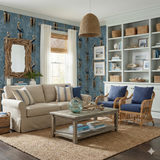Rookery wallpaper with a pelican design, on a blue textured wall.