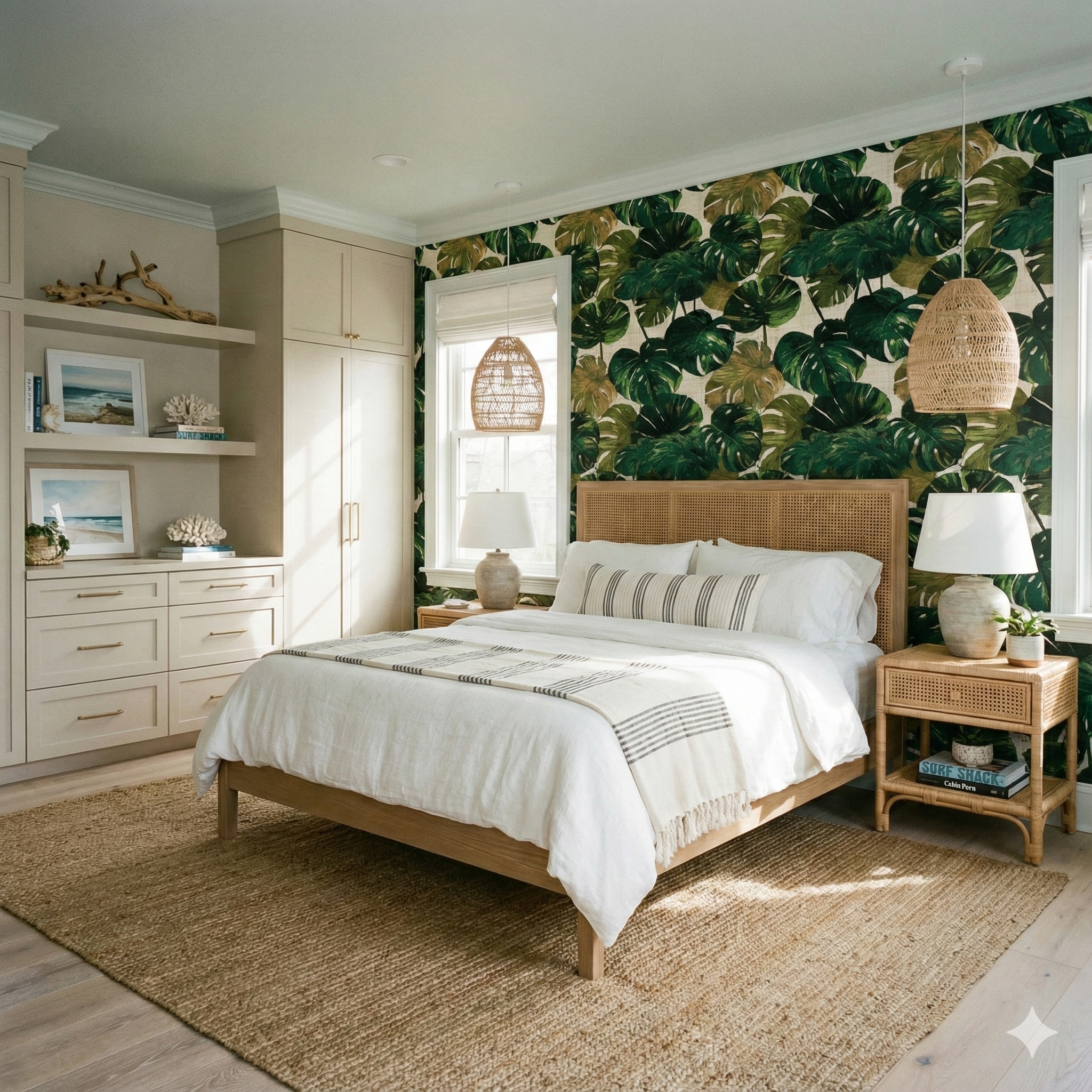 Green leaf patterned wallpaper from Emerald Foundry, creating a tropical bedroom backdrop.