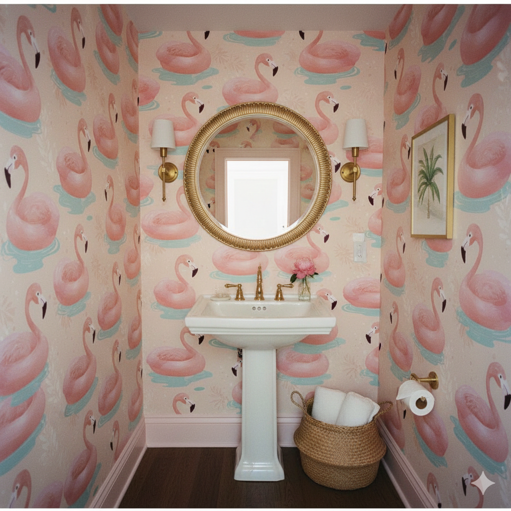 Coral Drift Flock Wallpaper with flamingo pattern in a bathroom setting.