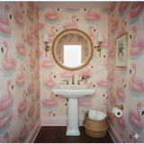 Coral Drift Flock Wallpaper with flamingo pattern in a bathroom setting.