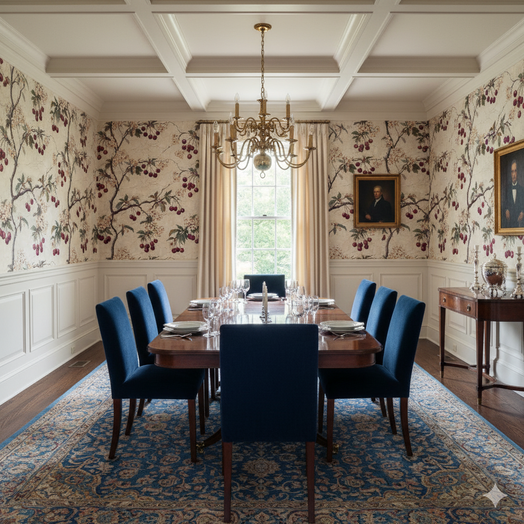 Floral pattern Montmorency Bloom Wallpaper with tree and cherry design, covering a dining room.
