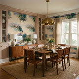Griffith Mirage Wallpaper featuring a watercolor palm tree design with cityscape accents.