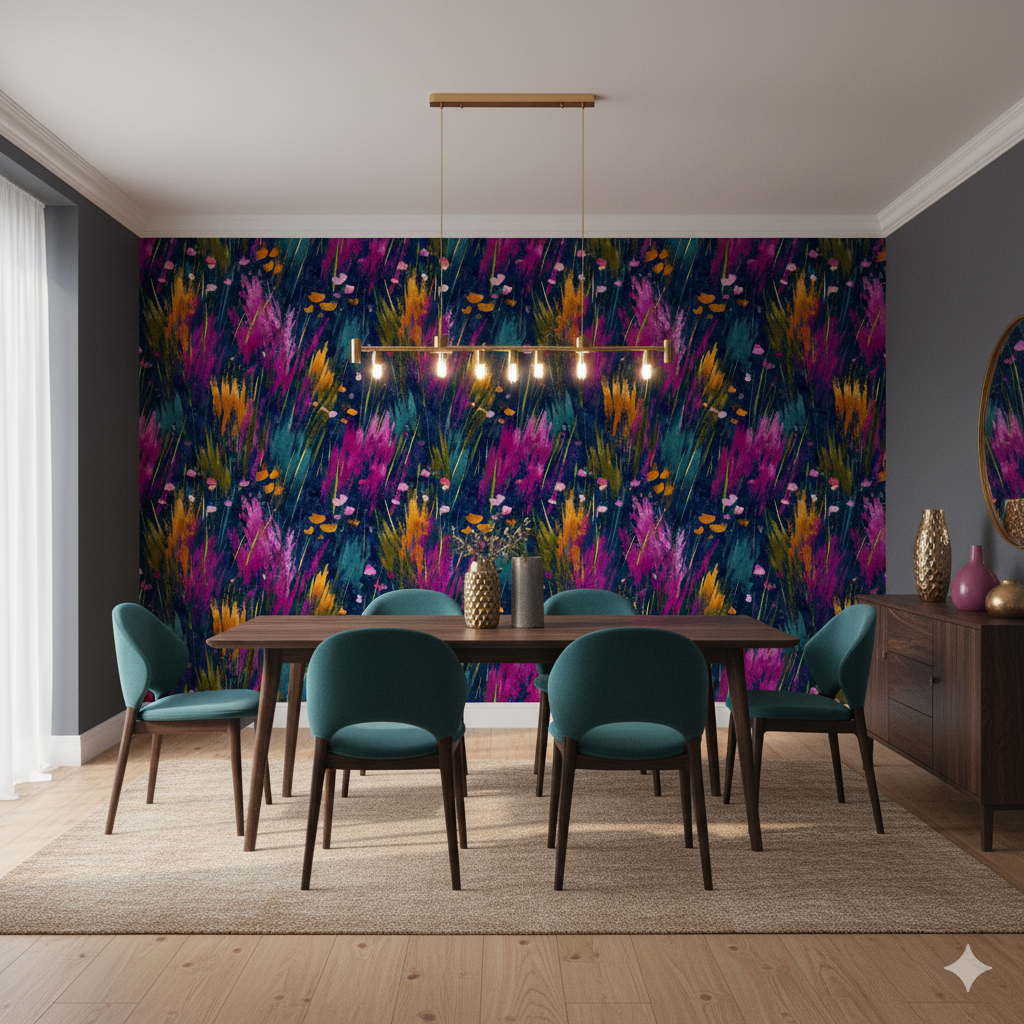 Vibrant floral wallpaper with pink, yellow, and blue brushstrokes.