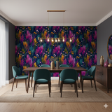 Vibrant floral wallpaper with pink, yellow, and blue brushstrokes.