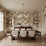 Arabica Etch Wallpaper with leaf pattern on the wall of a dining room.