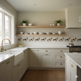 Harlow Parade Wallpaper with a Basset Hound motif tiling across a kitchen backsplash.
