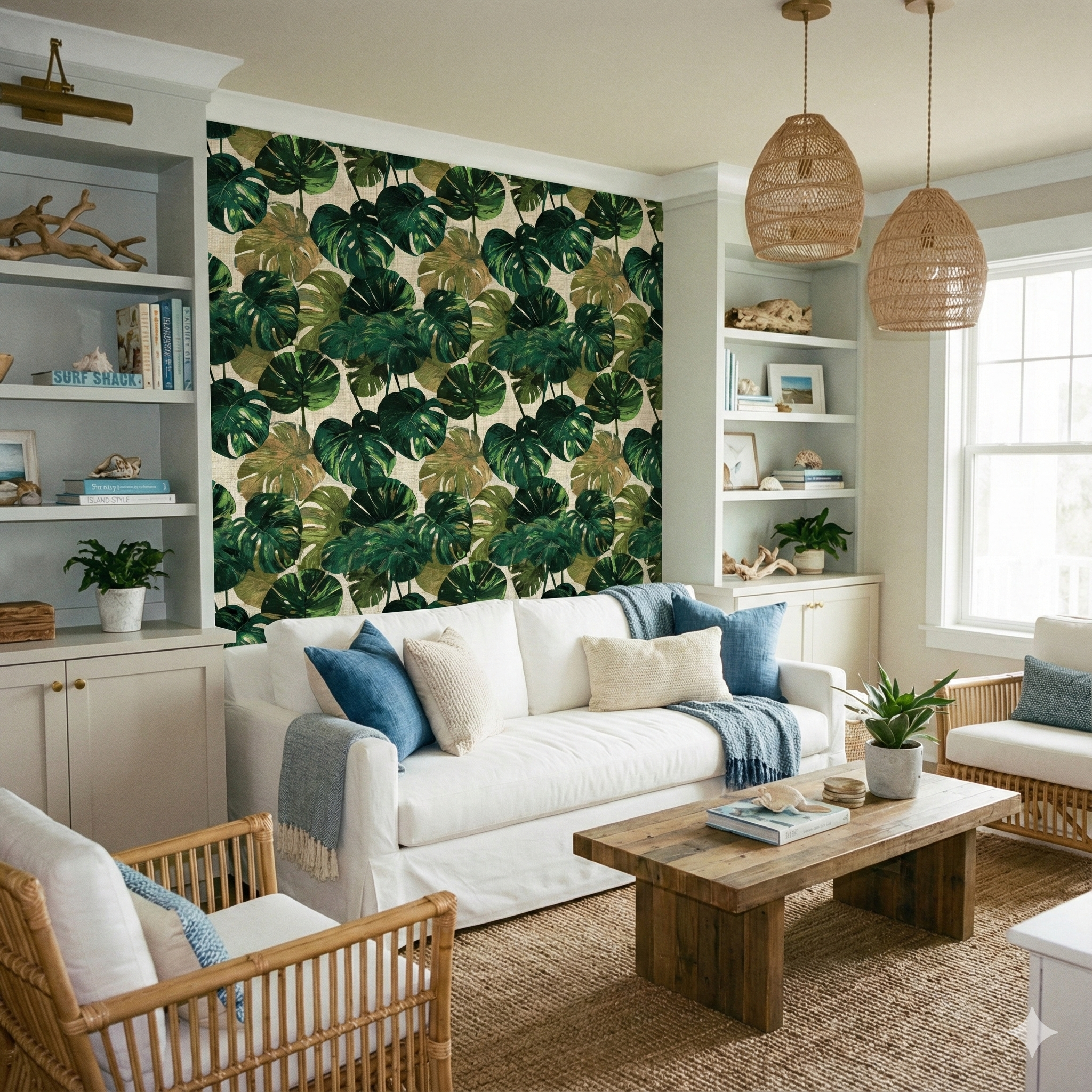 Monstera leaf wallpaper with green and brown tones, covering a wall between built-in shelves.
