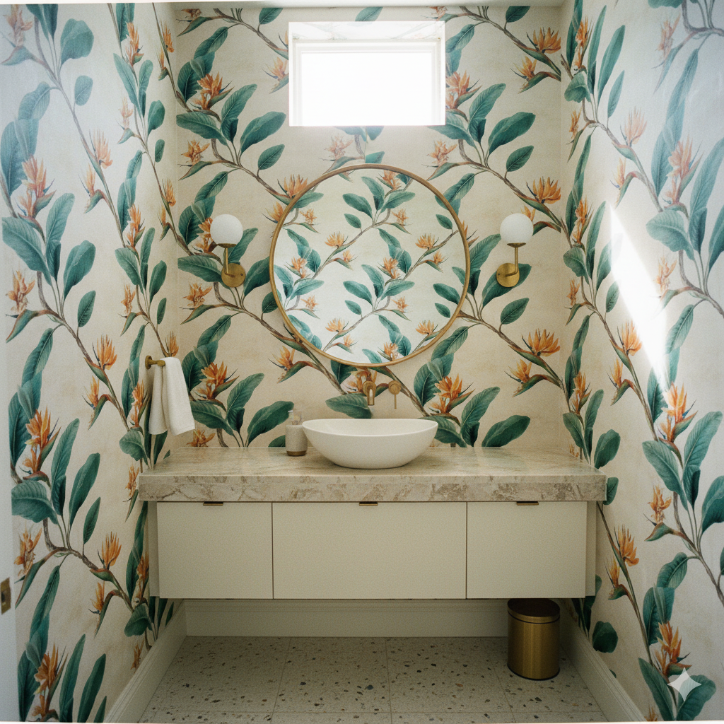 Solandra wallpaper with bird of paradise design on off-white background.