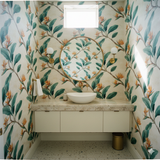 Solandra wallpaper with bird of paradise design on off-white background.