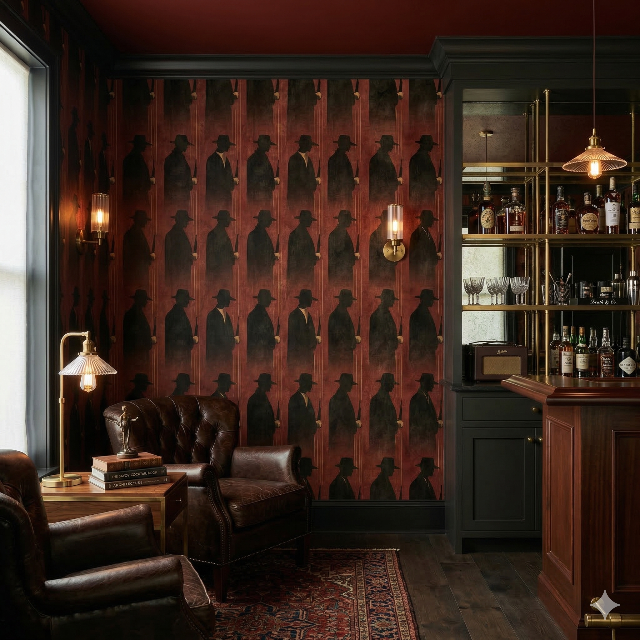 Patterned Nocturne Marais Wallpaper with repeating silhouette design, featuring a dark color scheme and vintage-inspired aesthetic.
