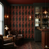 Patterned Nocturne Marais Wallpaper with repeating silhouette design, featuring a dark color scheme and vintage-inspired aesthetic.

