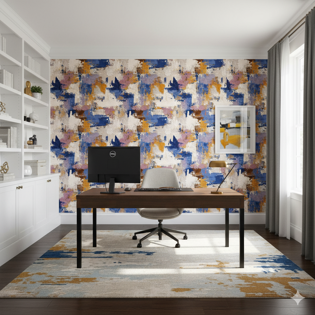 Abstract patterned Marseille Atelier Wallpaper featuring blue, beige, and lavender brushstrokes.