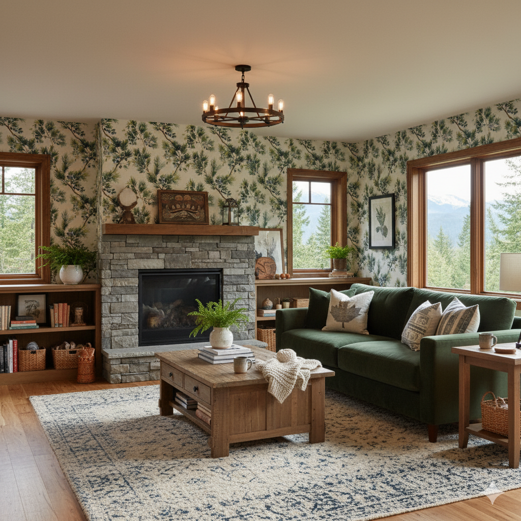Bitterberry Field Wallpaper with botanical pine branch pattern on an accent wall.
