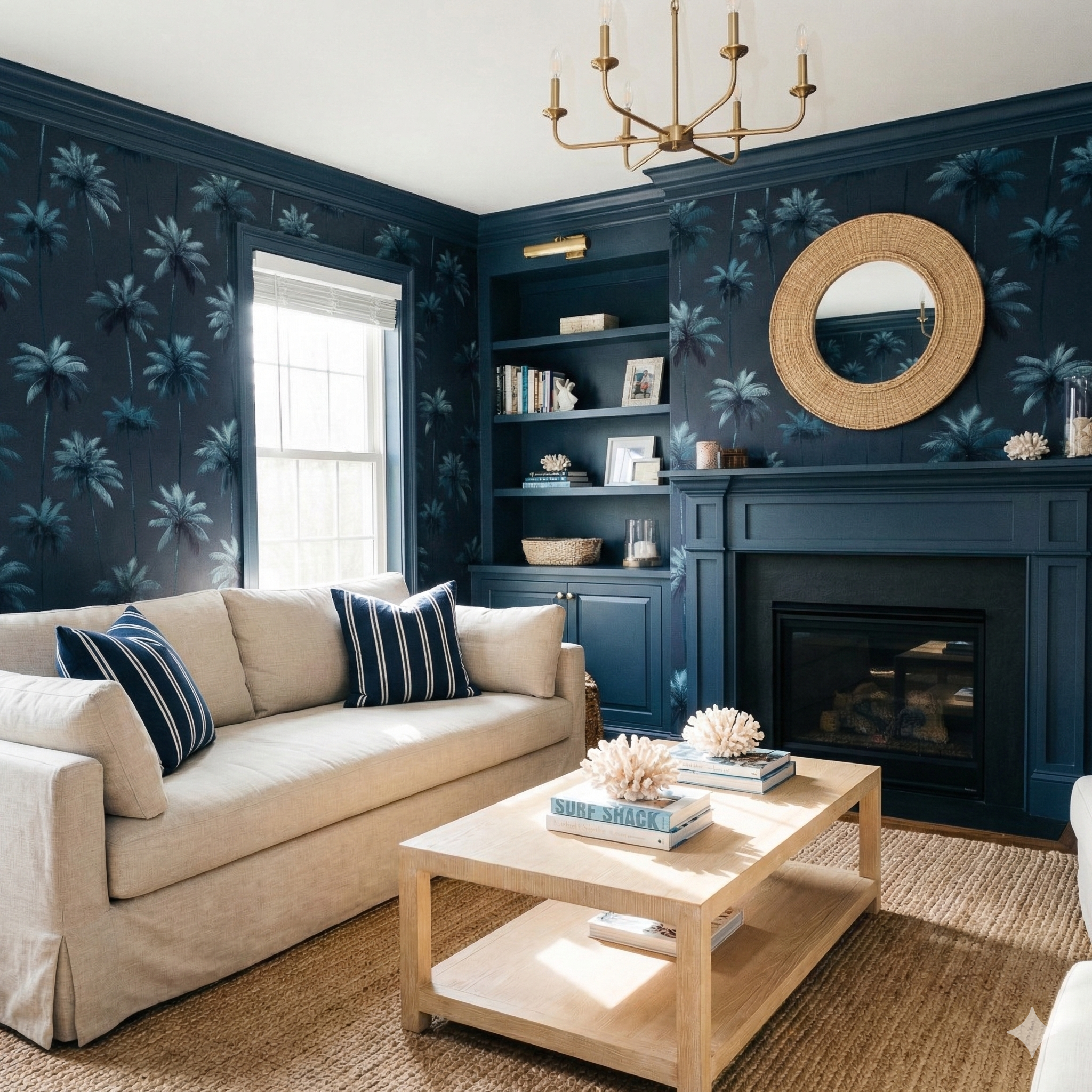 Palm Nocturne wallpaper, patterned with teal palm trees, features a navy background with a subtle vertical stripe texture.