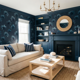 Palm Nocturne wallpaper, patterned with teal palm trees, features a navy background with a subtle vertical stripe texture.