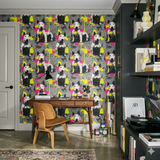 Graffiti Terrier Wallpaper with yellow and pink paint splatter on gray background.