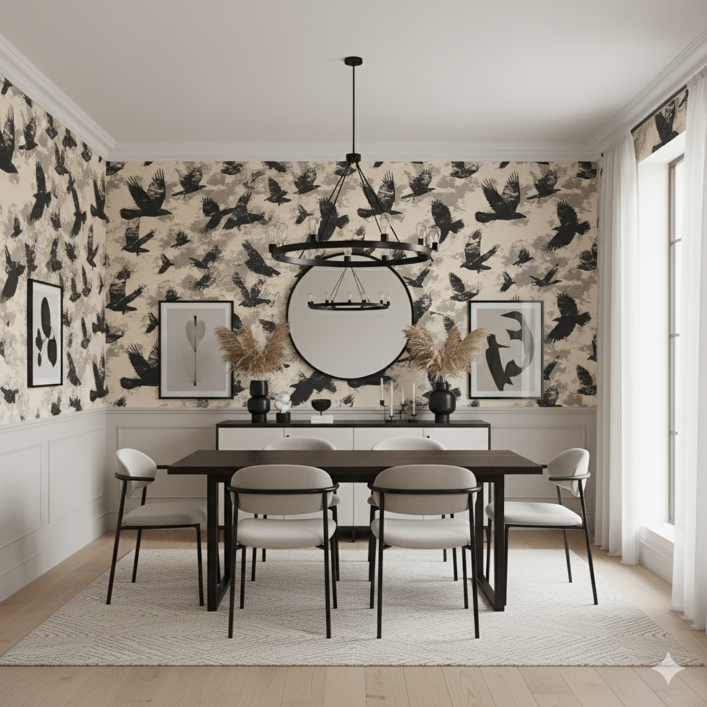 Blackwing Hollow Wallpaper with a black bird pattern covering the wall.