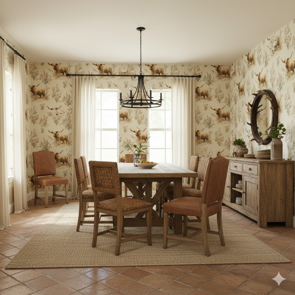 High Plains Longhorn wallpaper with an animal print, featuring steer and bird motifs, covering the dining room wall.